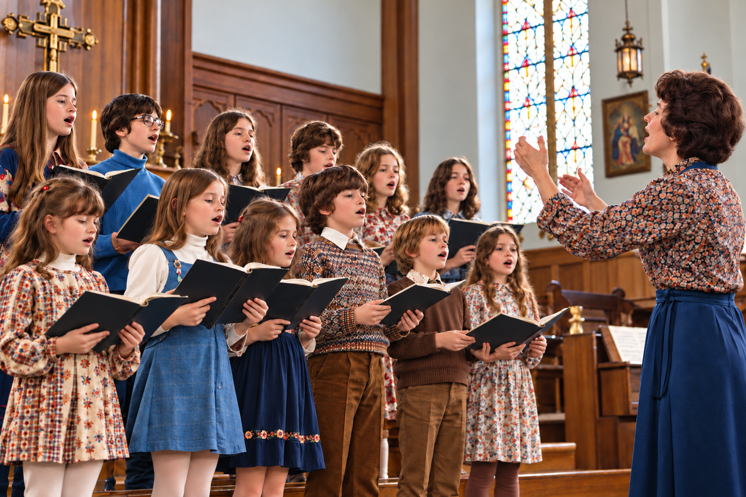 Photorealistic creation of a small children’s choir in a church, with the conductor on the right